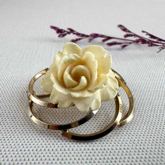 Mid Century Van Dell 1/20 12K Gold Filled Carved Celluloid Rose Brooch Vintage - Picture 1 of 11